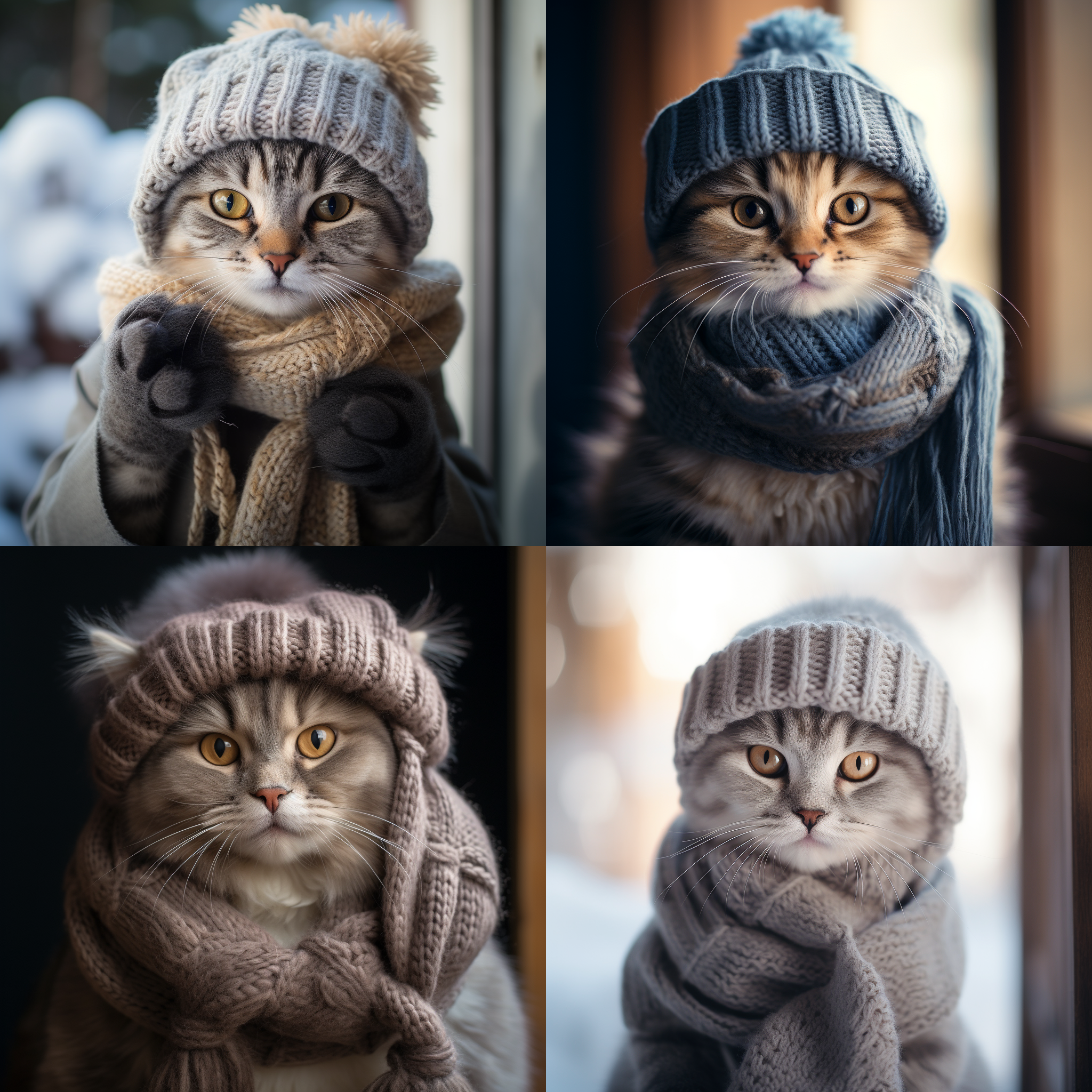 A cute cat wearing a hat, scarf, and gloves