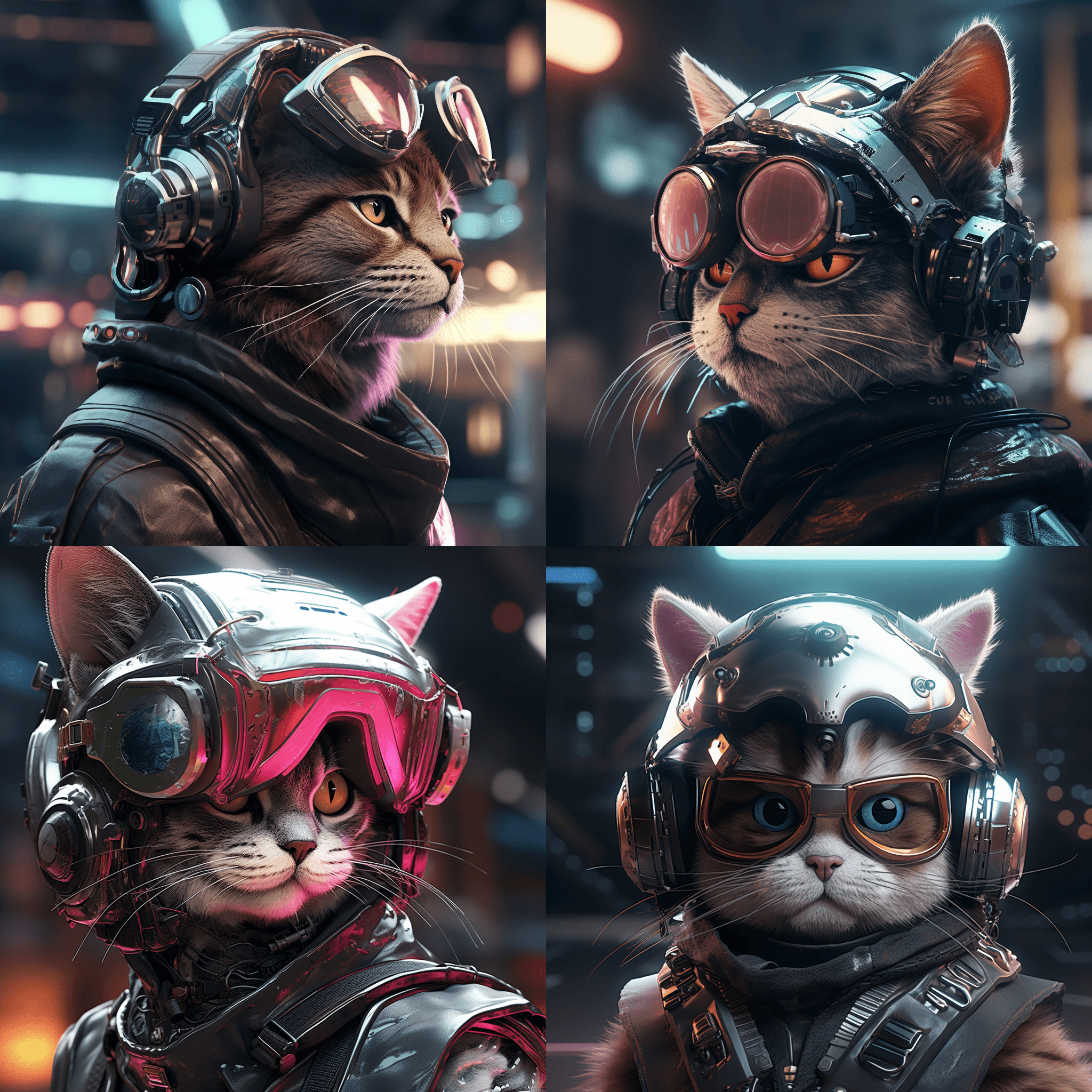 A futuristic cyberpunk cat sporting a high-tech augmented reality hat