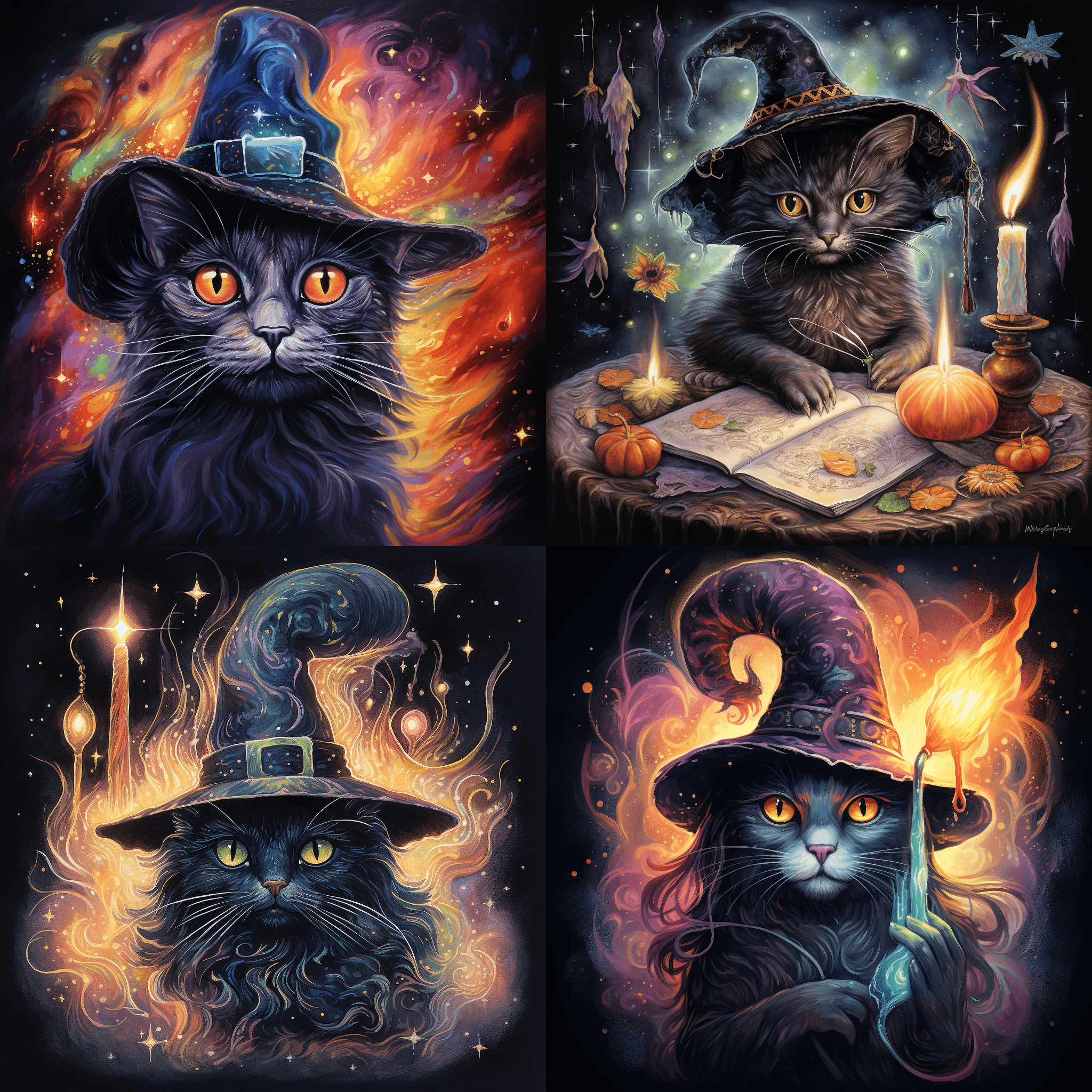 A magical cat wearing a witch's hat, casting a spell