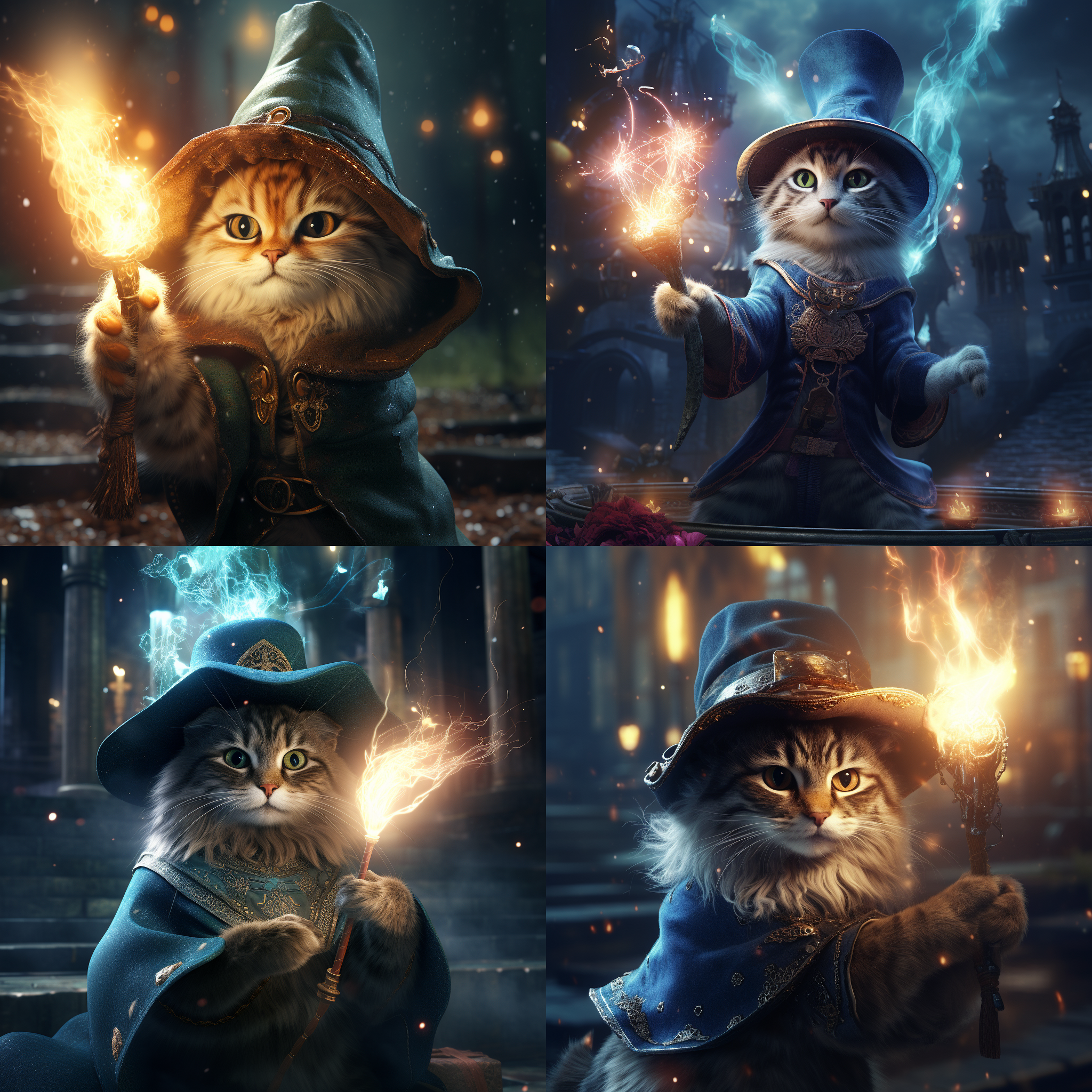 A mystical sorcerer cat wearing a magical hat, casting spells in a fantasy world