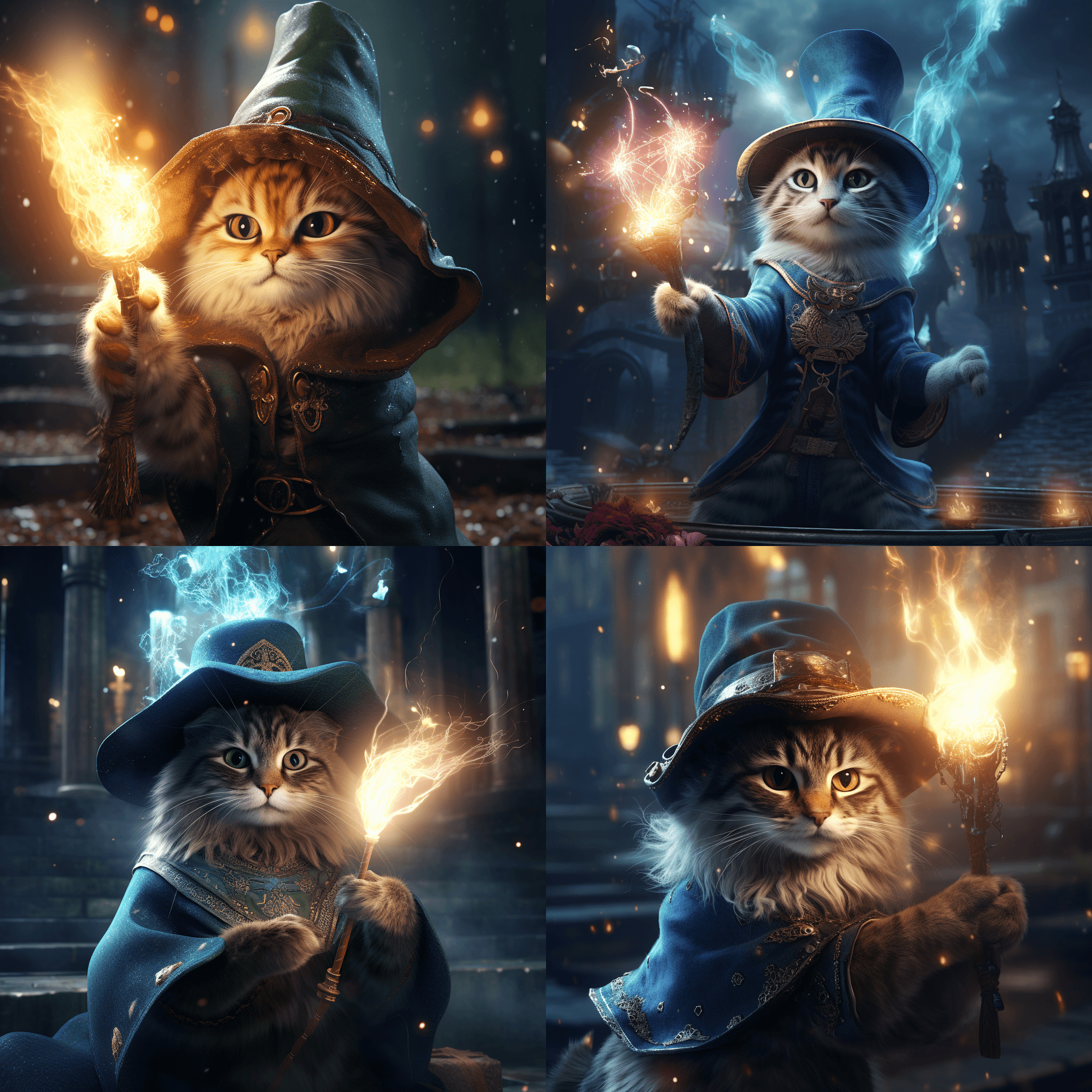 A mystical sorcerer cat wearing a magical hat, casting spells in a fantasy world