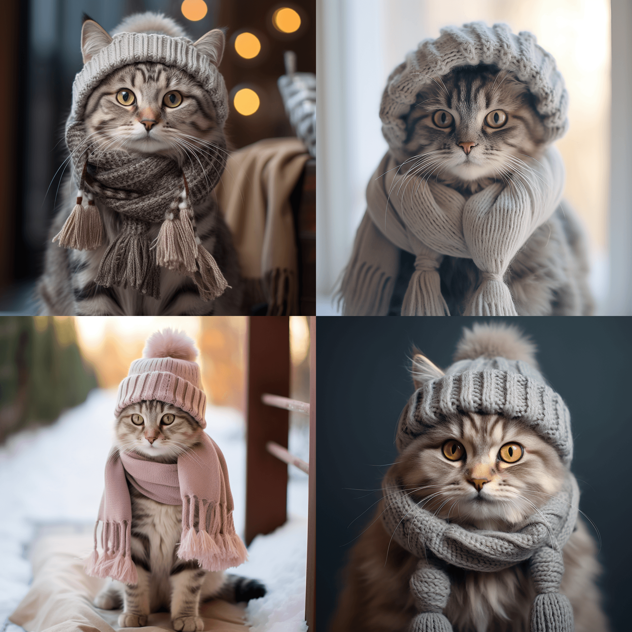 A stylish cat wearing a winter hat, cozy scarf, and adorable little boots