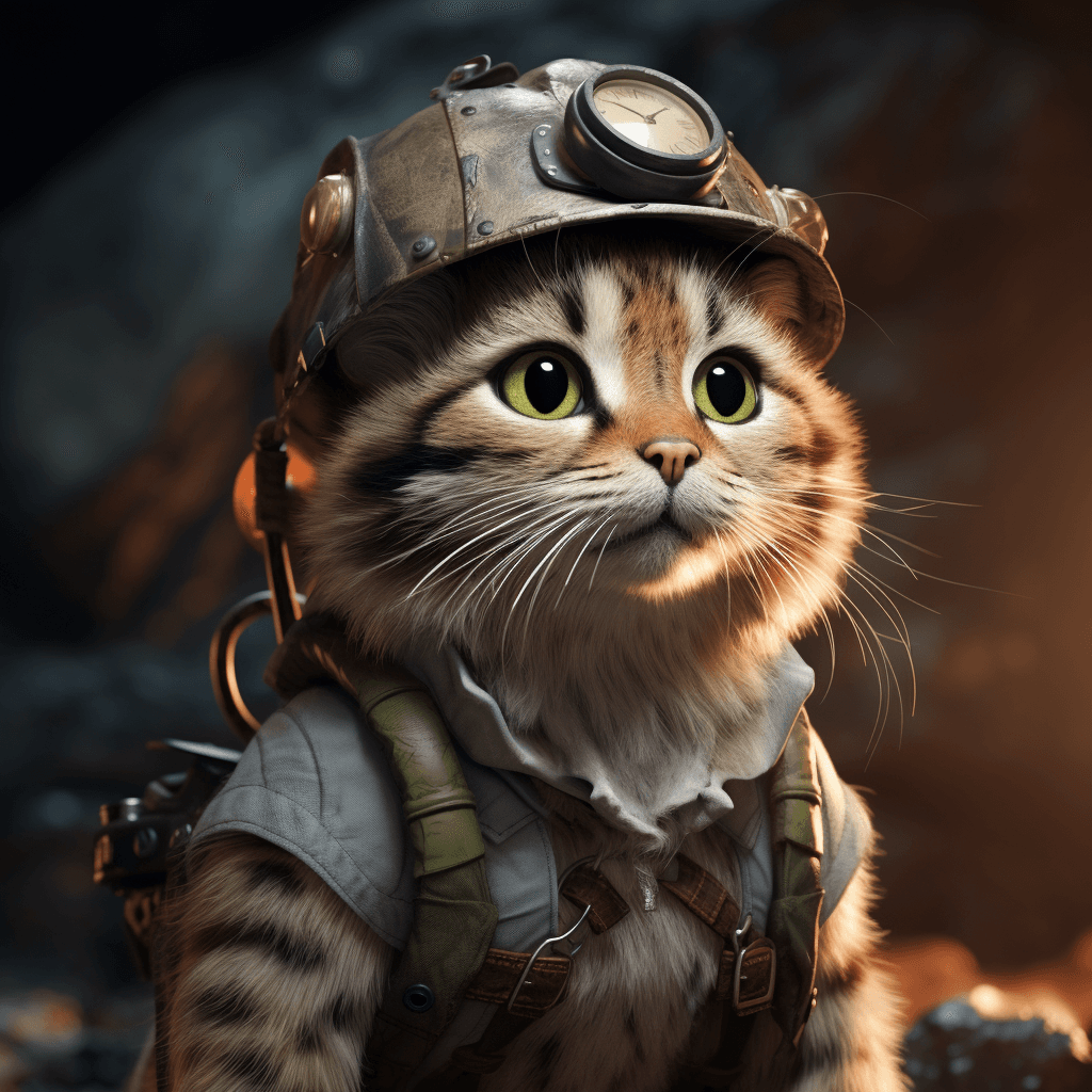 An adventurous anthropomorphic cat wearing a rugged explorer hat