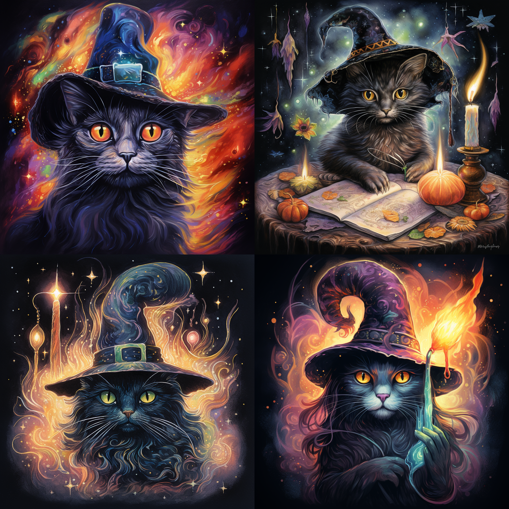 A magical cat wearing a witch's hat, casting a spell