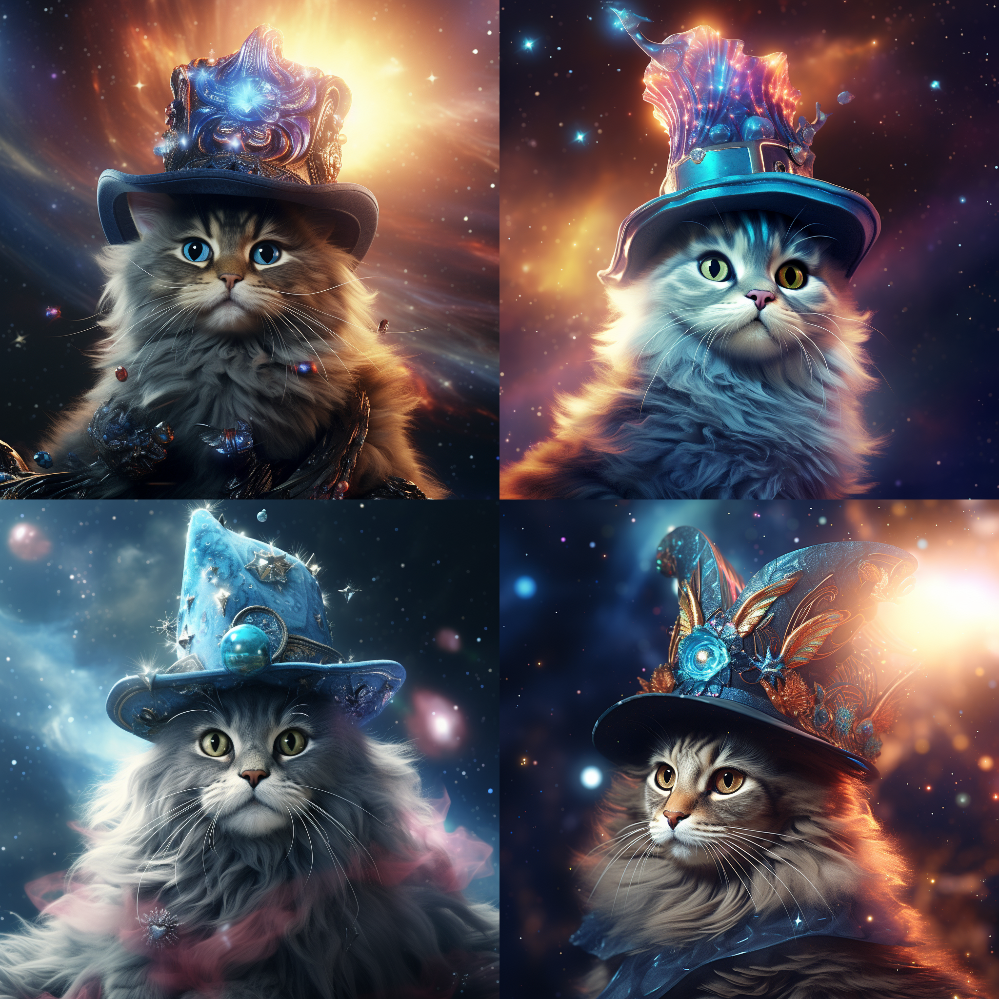 A majestic cosmic cat wearing a celestial-themed hat, floating among stars