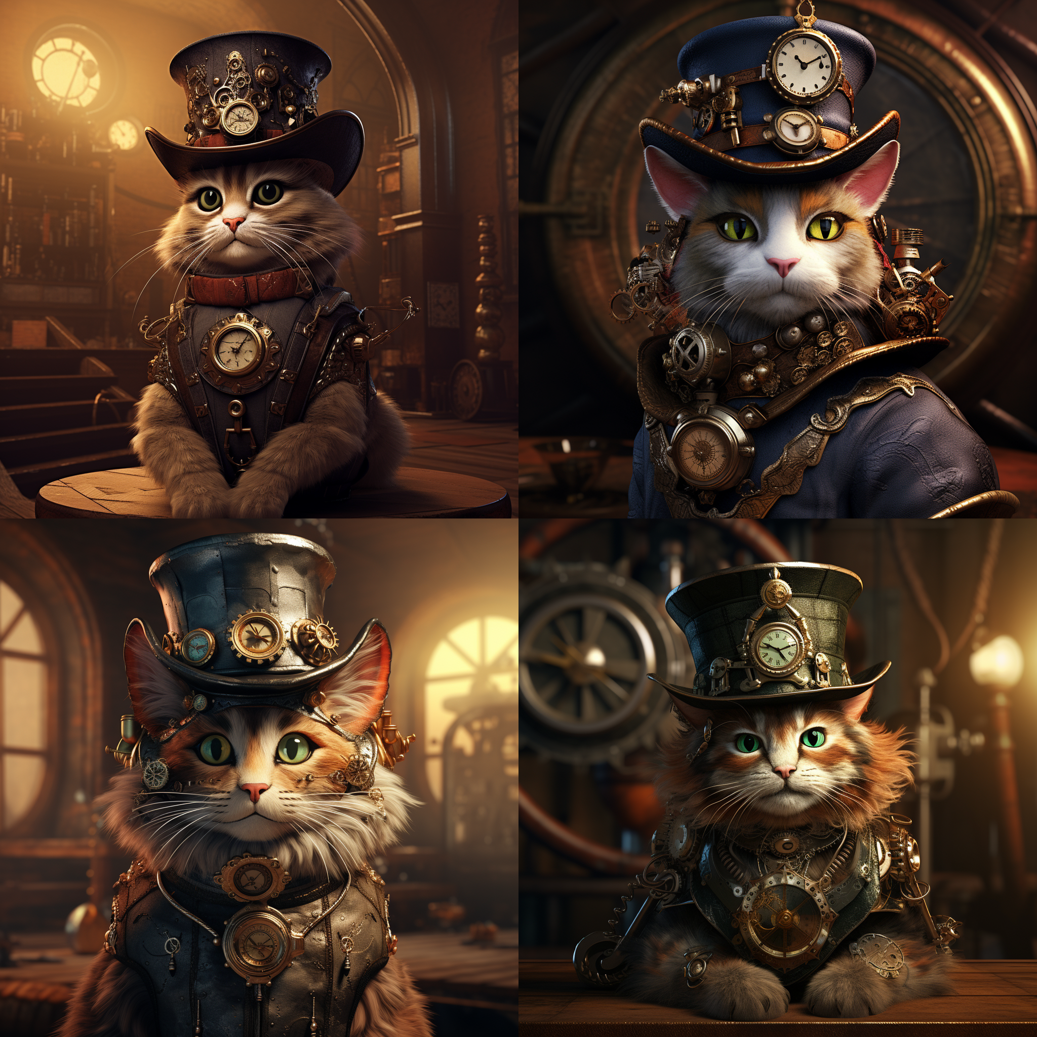 A steampunk-inspired cat with a mechanical top hat, in a Victorian-era setting