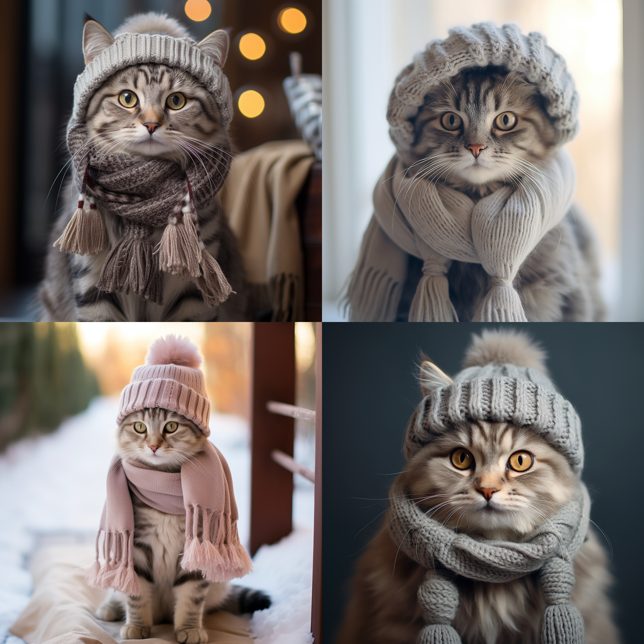 A stylish cat wearing a winter hat, cozy scarf, and adorable little boots
