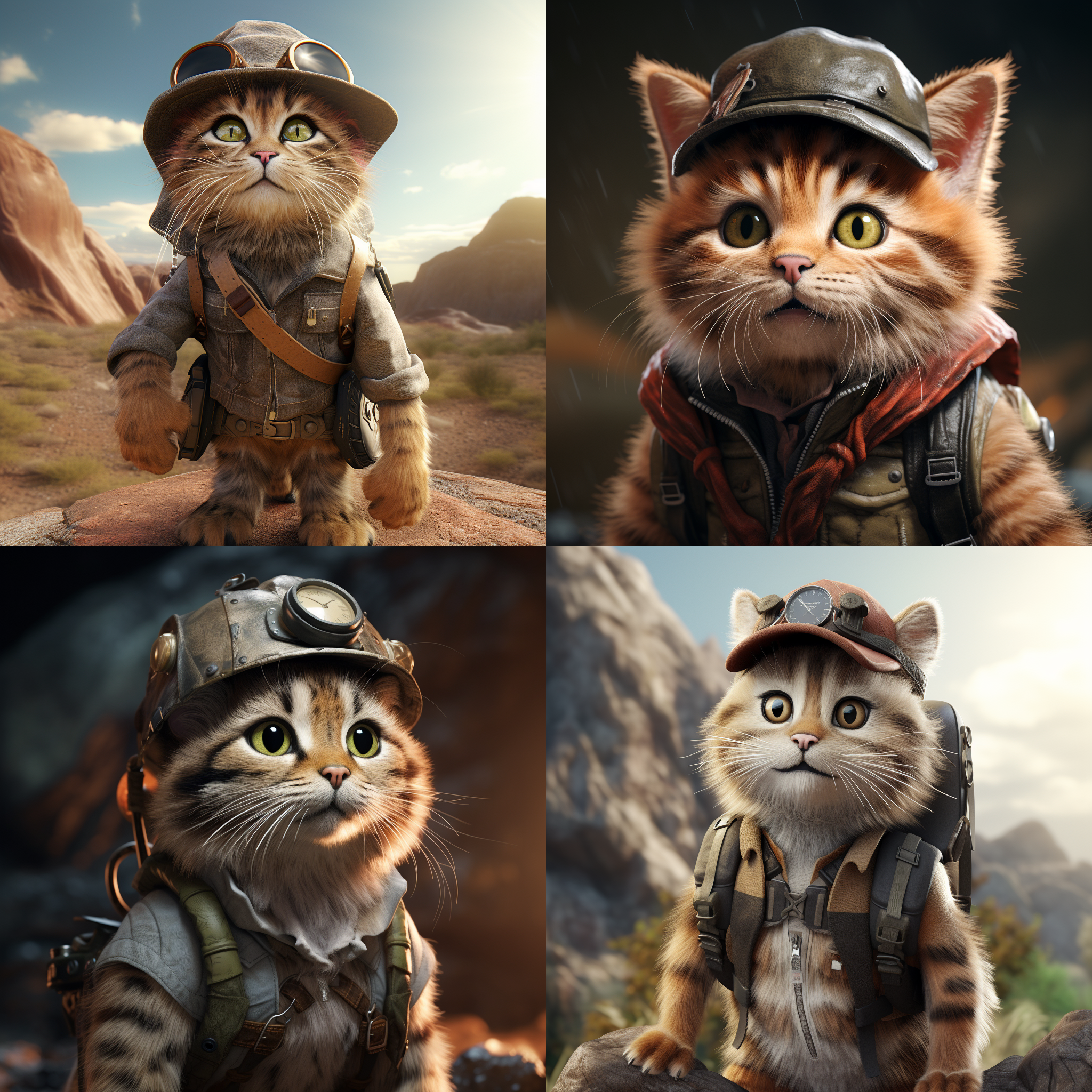 An adventurous anthropomorphic cat wearing a rugged explorer hat